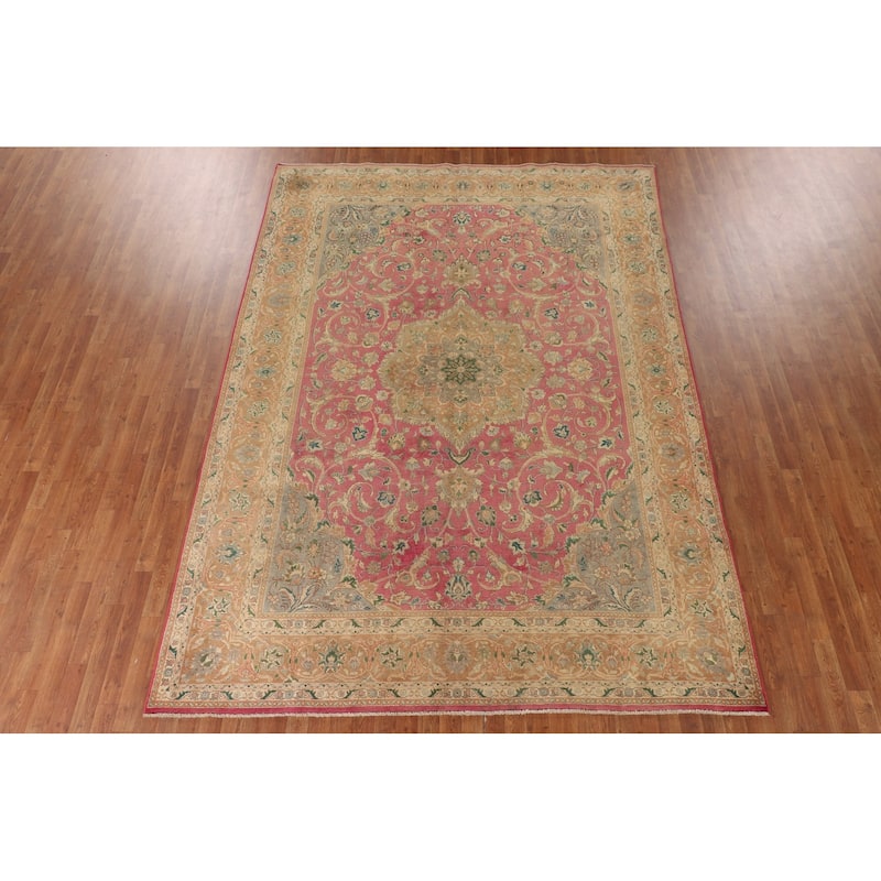 Pink Tabriz Persian Vintage Rug Handmade Wool Carpet - 8'0"x 11'2"