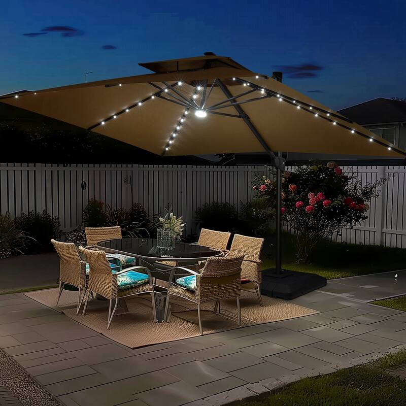 Outdoor Patio LED Lighted Cantilever Umbrella with 4-Piece Fillable Weighted Base