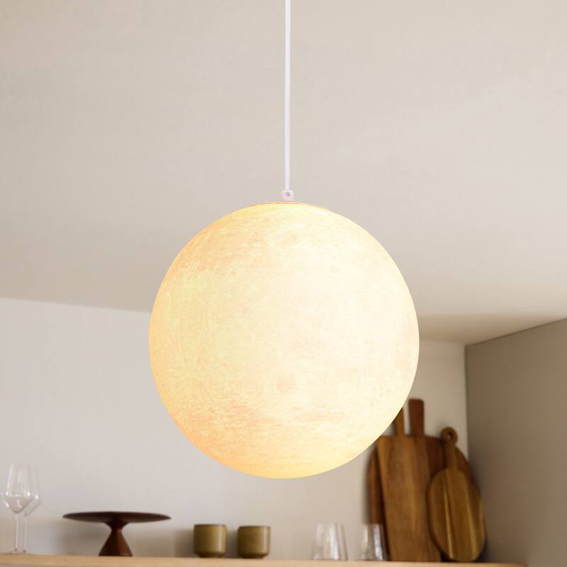 11.8" Single-Light Modern White Globe LED Pendant Hanging Light with Plastic Shade for Bedroom or Dining Room