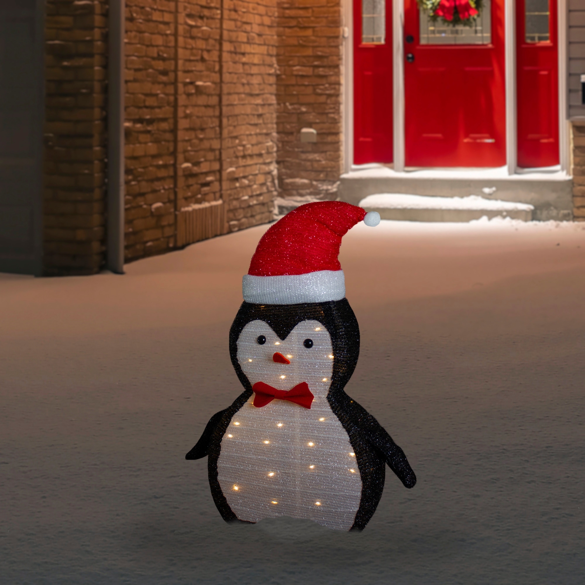 28" LED Tinsel Penguin in Santa Hat Outdoor Christmas Decoration