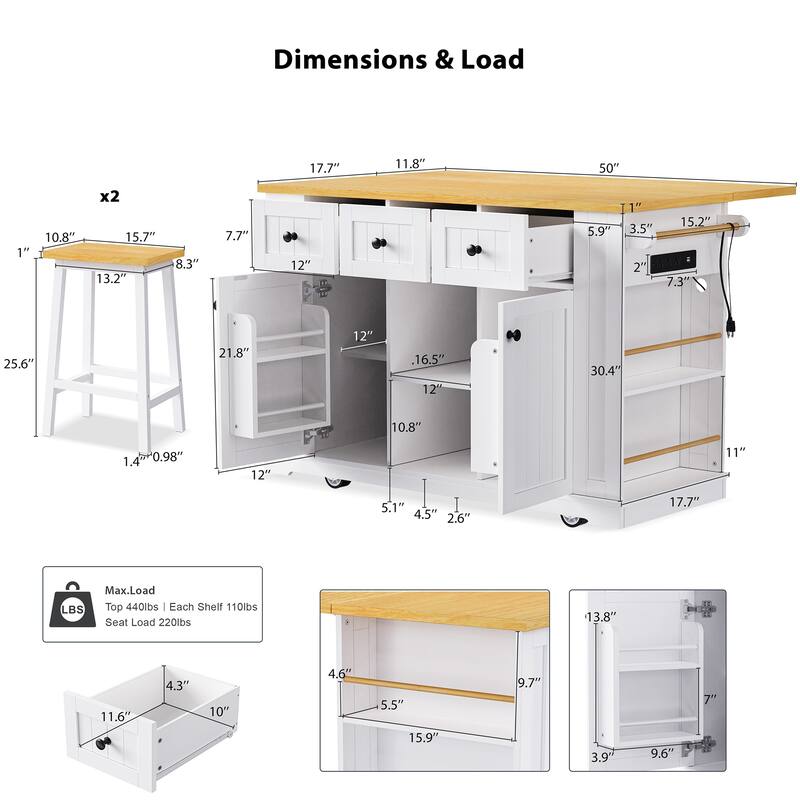 Large Kitchen Island with 2 Bar Stools, Power Outlet, Kitchen Storage Cart with Drop Leaf, 5 Open Side Racks, 3 Drawers