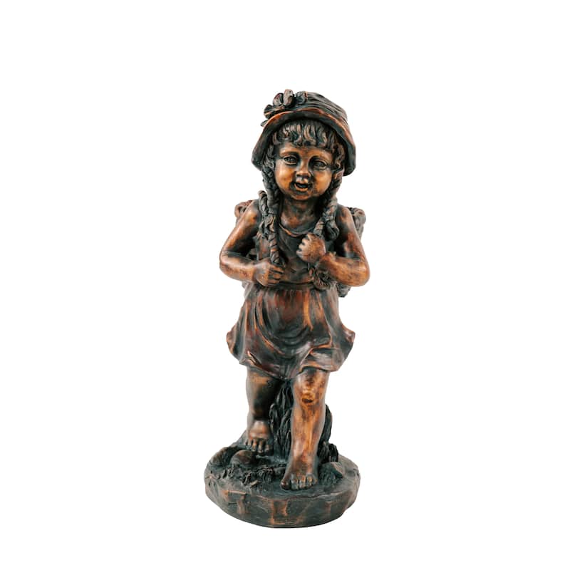 Xbrand 24" H Faux Bronze Magnesium Oxide Walking Garden Statue w/Small Flower Plant Pot, Natural Design Sculpture - 9.4" x 12.6" x 24"