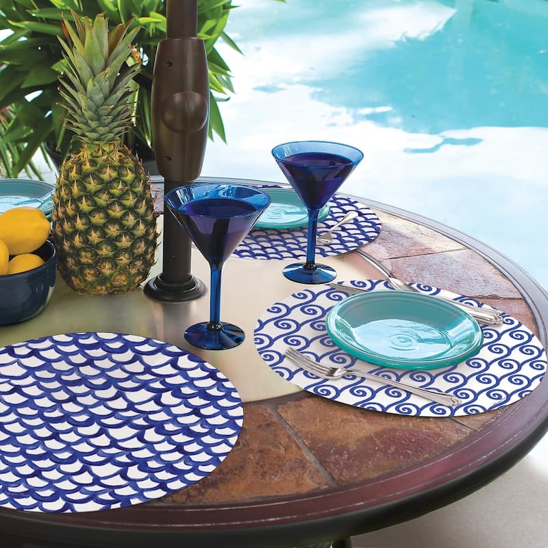 Waves 4 Pack Round Reversible Easy Care Flexible Plastic Placemats Made in The USA Reversible Flexible Easily Wipes Clean