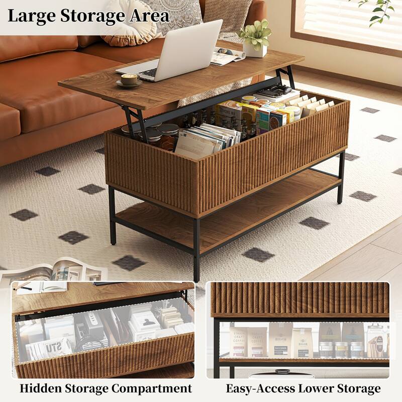 Lift Top Coffee Table 39.4 Inch Rectangle, Farmhouse Style with Hidden Storage & Lower Shelf, Sturdy Steel Legs