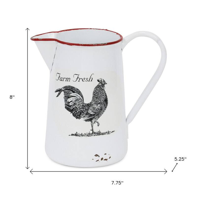 HomeRoots 8" Black And White Metal Farm Fresh Chicken Decorative Jug - 8.00 in. x 7.75 in. x 5.25 in.