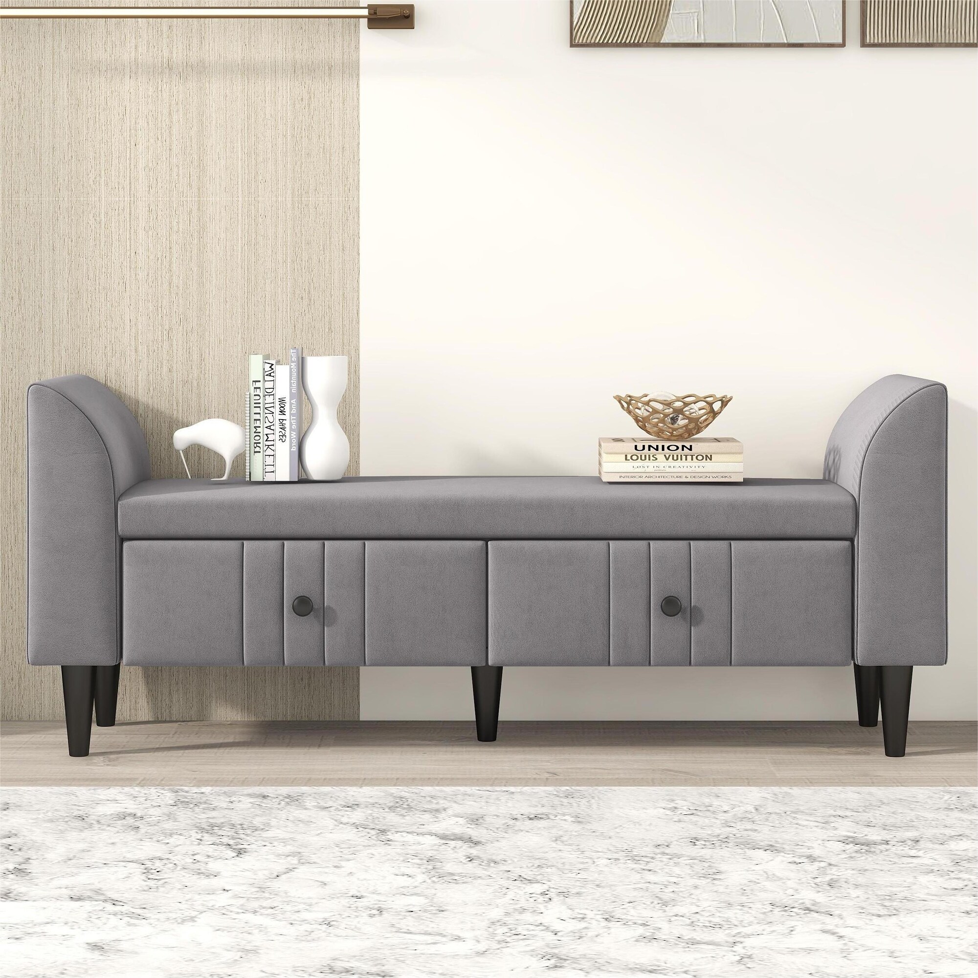 Upholstered Wooden Storage Ottoman Bench with 2 Drawers Grey Bed