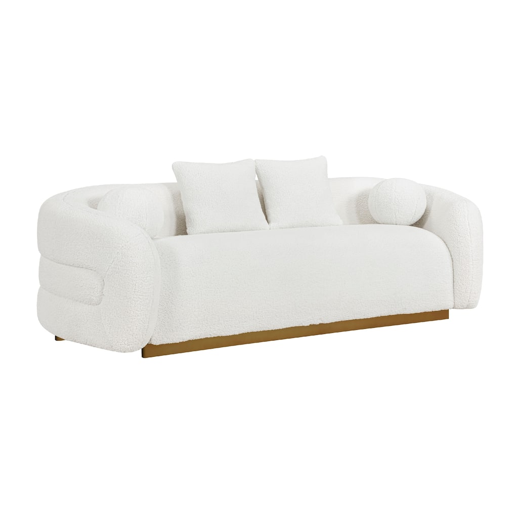 Novy Sofa, 4 Accent Pillows, White Sherpa, Gold, 93 Inch