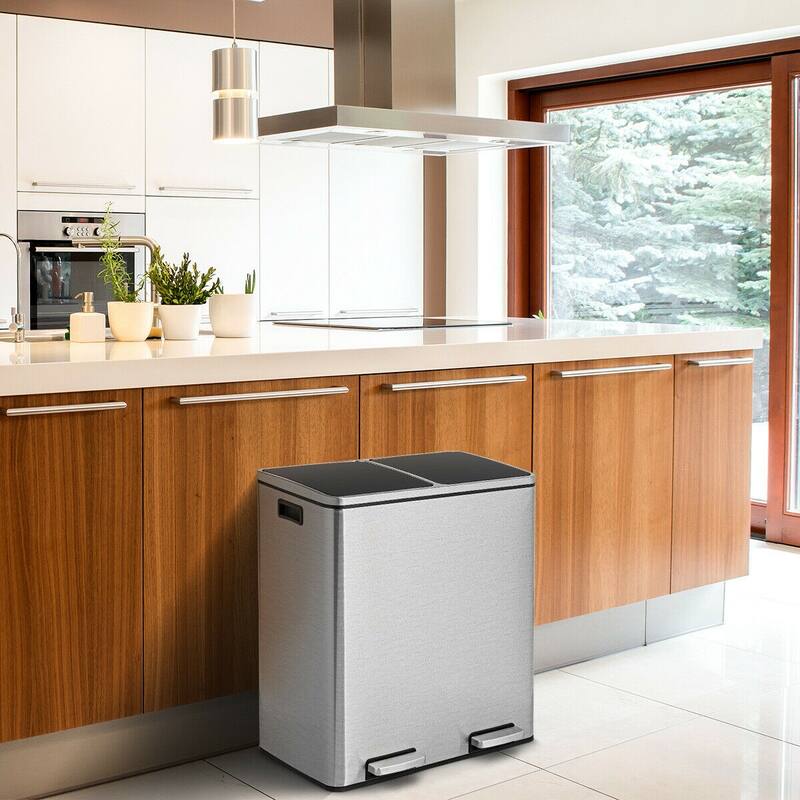 Gymax 16 Gallon Dual Step Trash Can Recycling Stainless Steel Double