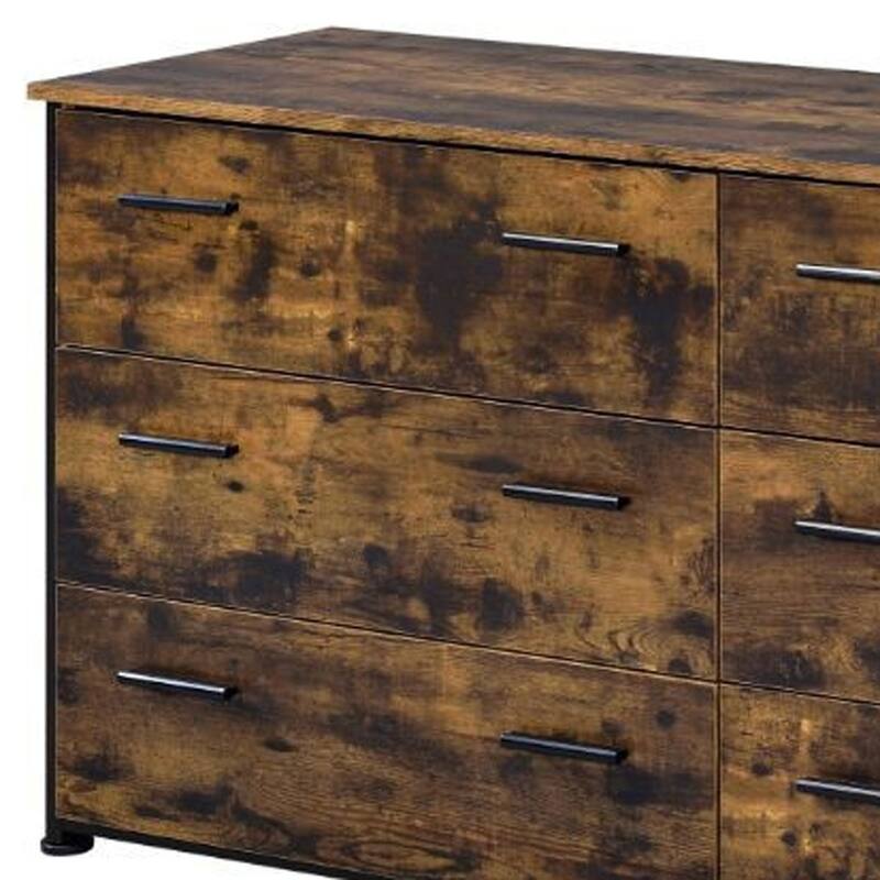 Rustic 59 Inch Six Drawer Dresser in Brown and Black for Bedroom Organization