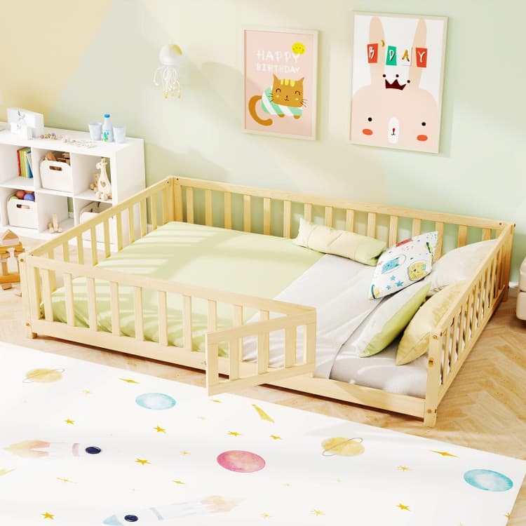 Montessori Floor Bed Frame with Full-length Guardrails Safety Door and Plywood Slats