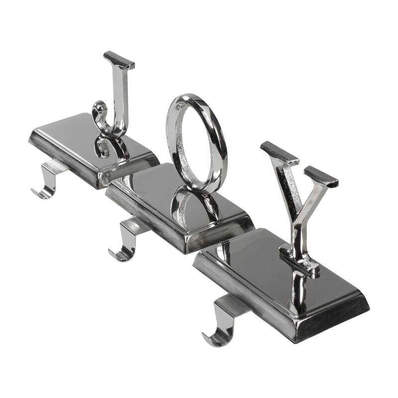 Set of 3 Shiny Silver Beveled JOY Christmas Stocking Holders 5"