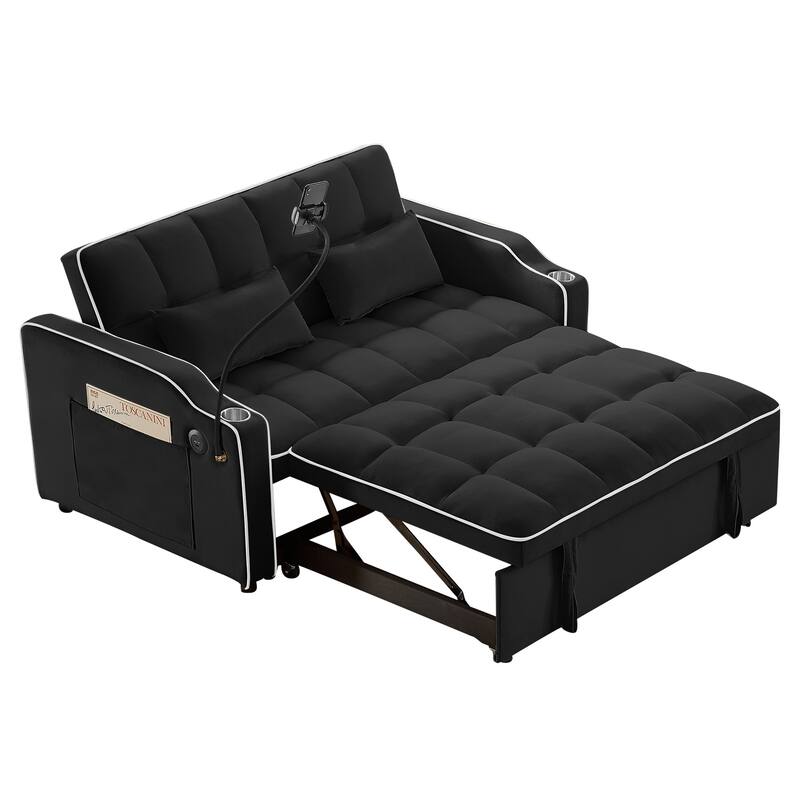 Versatile Foldable Double Seat Recliner,Comfortable Velvet Pull-Out Sleeper Sofa Bed with Side Pockets,Swivel Phone Stand
