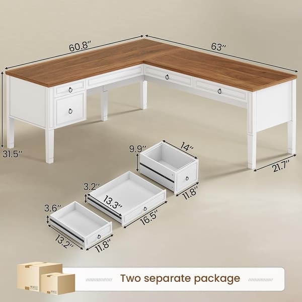 dimension image slide 22 of 30, Farmhouse Executive L Shaped Desk Home Office Desk with Drawers and Storage Cabinet & Power Outlet