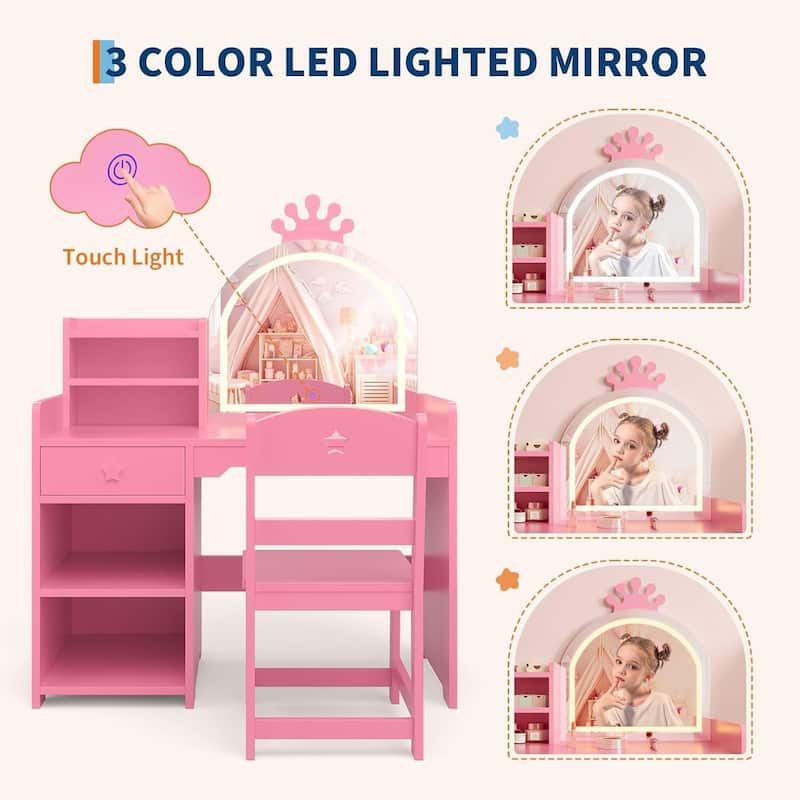 2-in-1 Princess Makeup Vanity Desk & Chair Set for Girls Best Gift