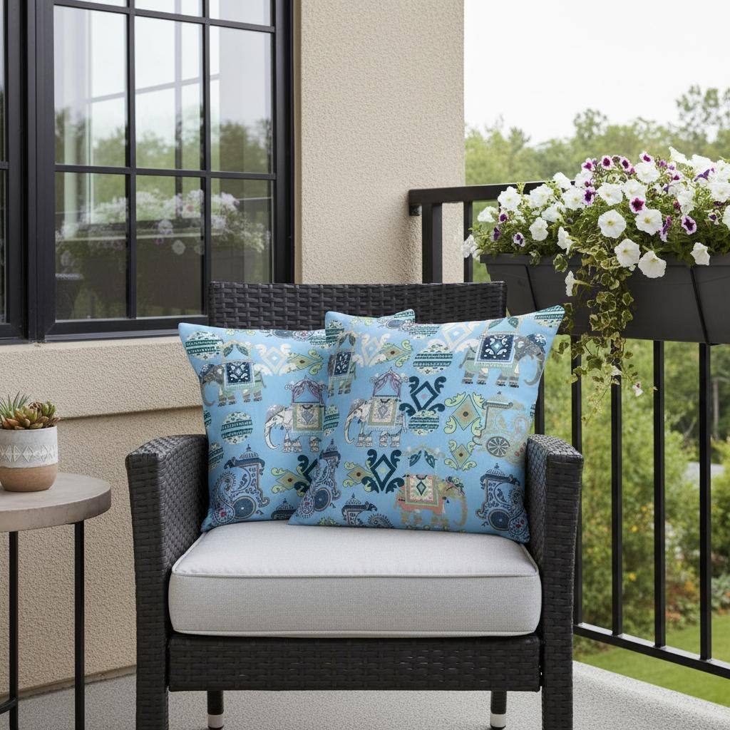 HomeRoots Set of Two 16" X 16" Blue and White Elephant Blown Seam Eclectic Indoor Outdoor Throw Pillow