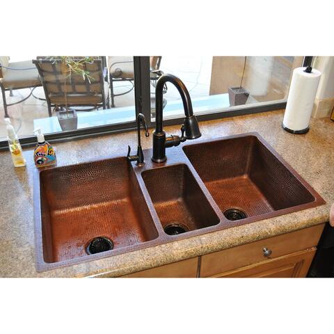 Premier Copper Products 42-inch Hammered Copper Triple Basin Kitchen Sink