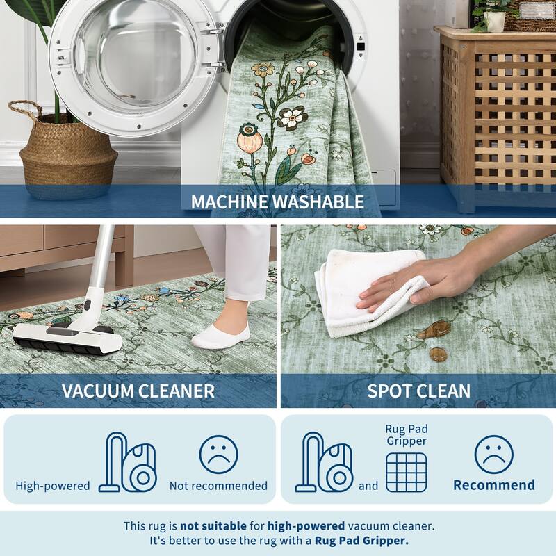 Floral Area Rugs for Living Room Low Pile Non Slip Rugs Washable Soft Foldable Accent Carpet Home Decor