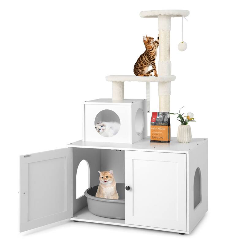 2in1 Wooden Litter Box Enclosure w/ Cat Tree Hidden Storage Furniture - White