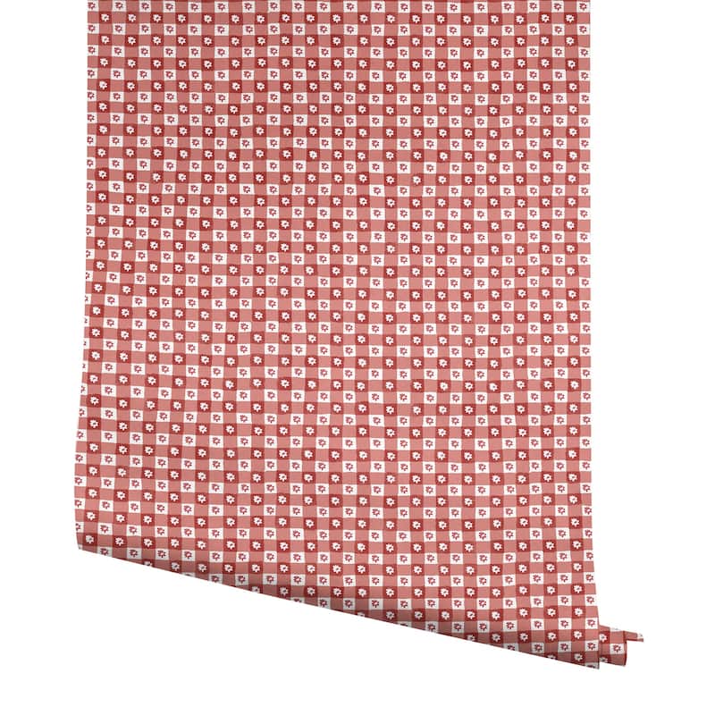 Rifle Paper Co. Daisy Gingham Red Floral Check Premium Peel + Stick Wallpaper
