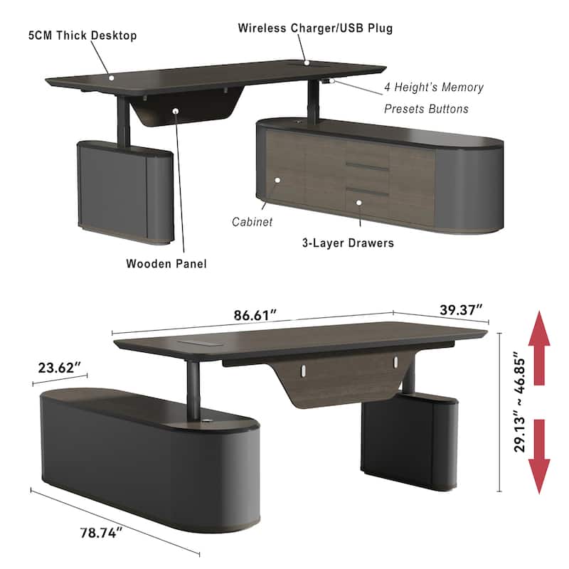 Sit & Stand Adjustable Height L Shaped Executive Desk with File Cabinets Drawers Universal Charging Ports