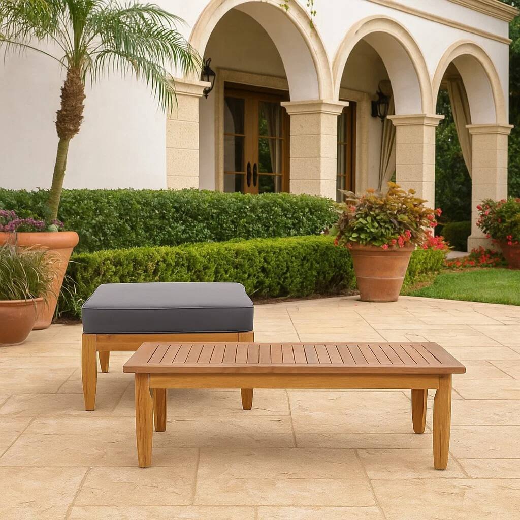 Gail Outdoor Ottoman and Coffee Table Set, Brown Acacia Wood, Gray