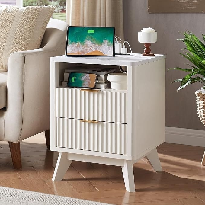 Modern Fluted Nightstand with Faux Marble Top, Side Table, End Table