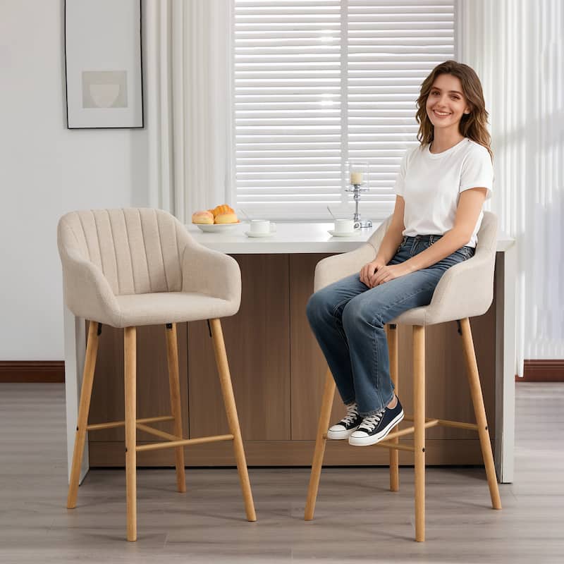 Modern Bar Stools Set of 2, Kitchen Island Tall Chairs with Back, Arm, Footrest and Solid Wood Leg, Upholstered Bar Stools