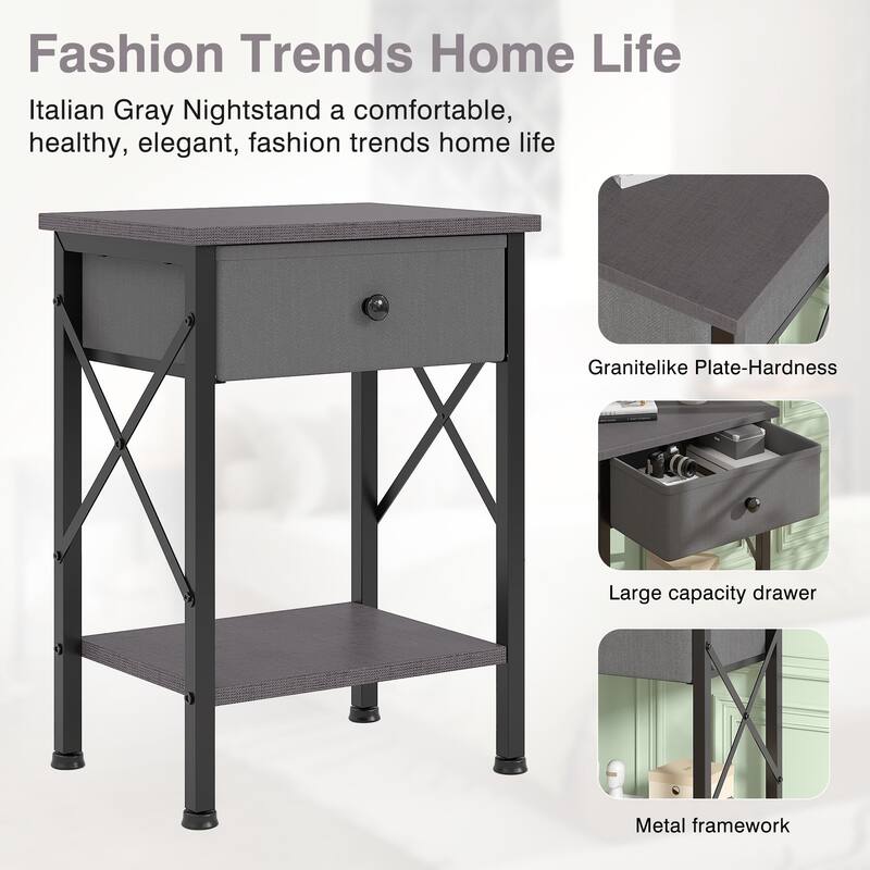 VECELO X Frame Nightstand with Removable Fabric Drawer Easy to Clean Nightstand Multifunctional End Table with Open Shelf