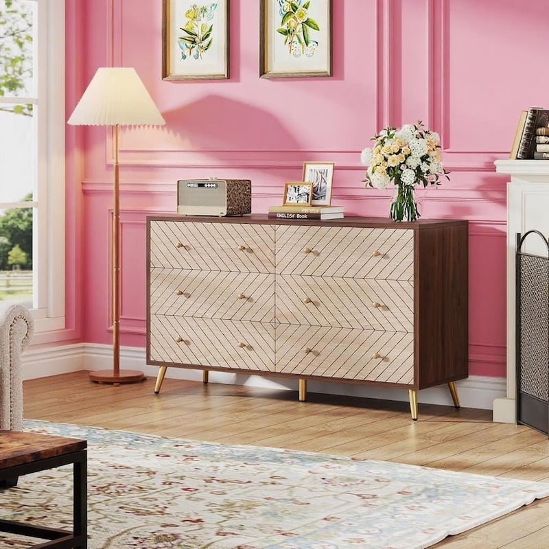 6 Drawer Storage Cabinet with Metal Legs Brown Wooden Dresser for Bedroom Living Room Hallway