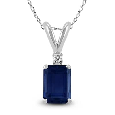 Marquee 14K White Gold 6x4MM Emerald Shaped Sapphire and Diamond Pendant