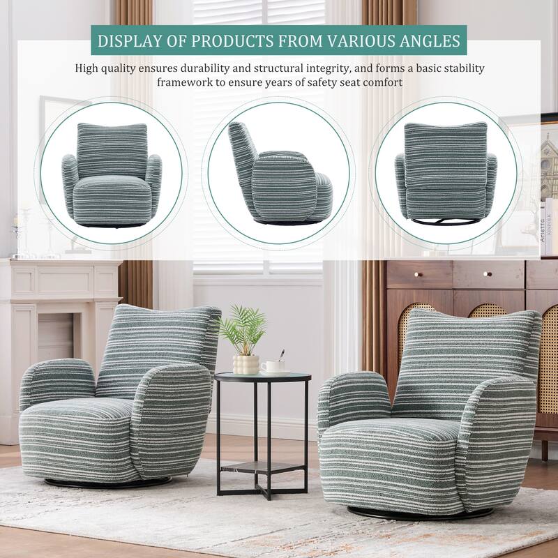 Swivel Striped Accent Chair with Metal Base, Modern Arm Chair for Living Room, Fabric Club Single Sofa Chair