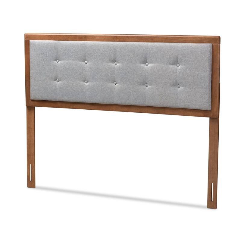Sarine Mid-Century Modern Light Grey Fabric Upholstered Walnut Brown Finished Wood Full Size Headboard - Light Grey