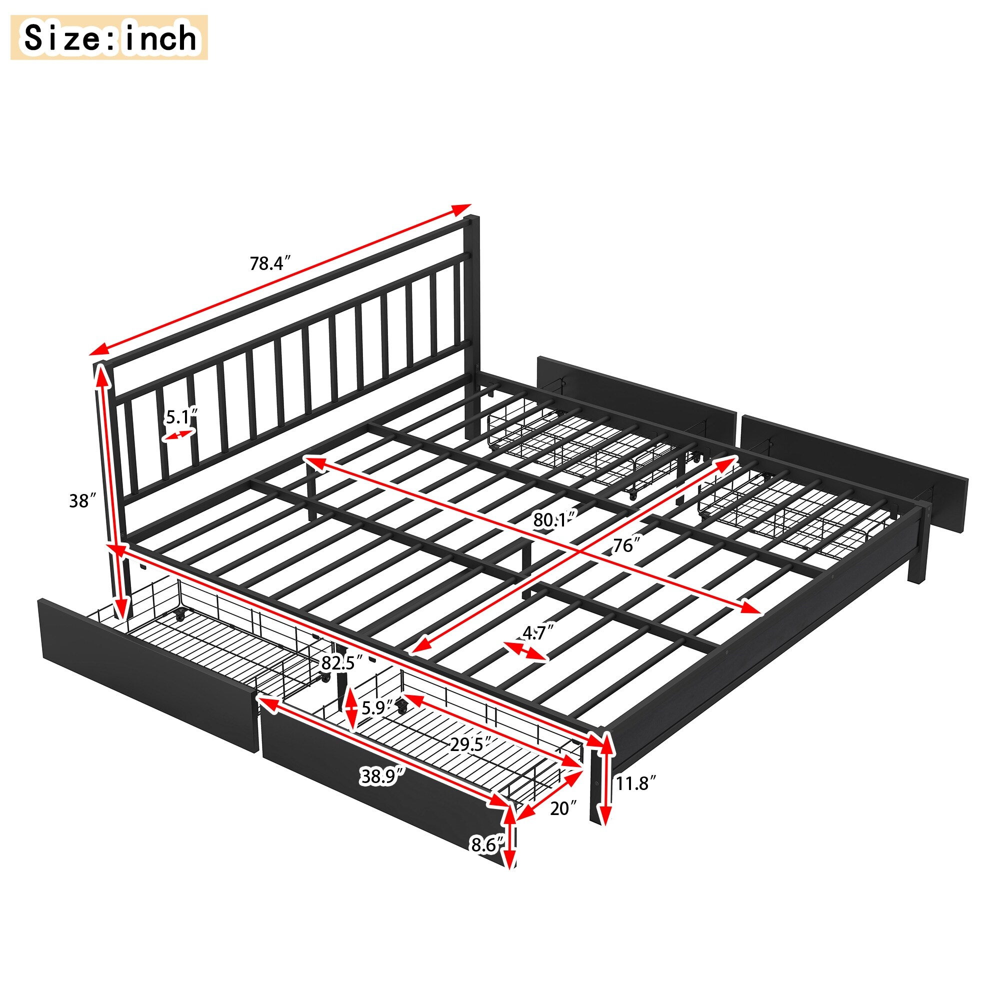ベッドフレーム 160cm bed frame with drawers Sturdy Metal Frame King Size Storage Platform Bed with 4 Drawers