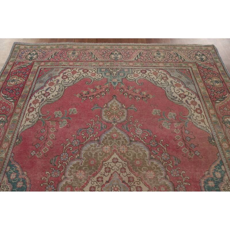 Hand Knotted Oriental 100% Wool Carpet Traditional Medallion Pink Tabriz Area Rug - 9' 6'' X 6' 3''