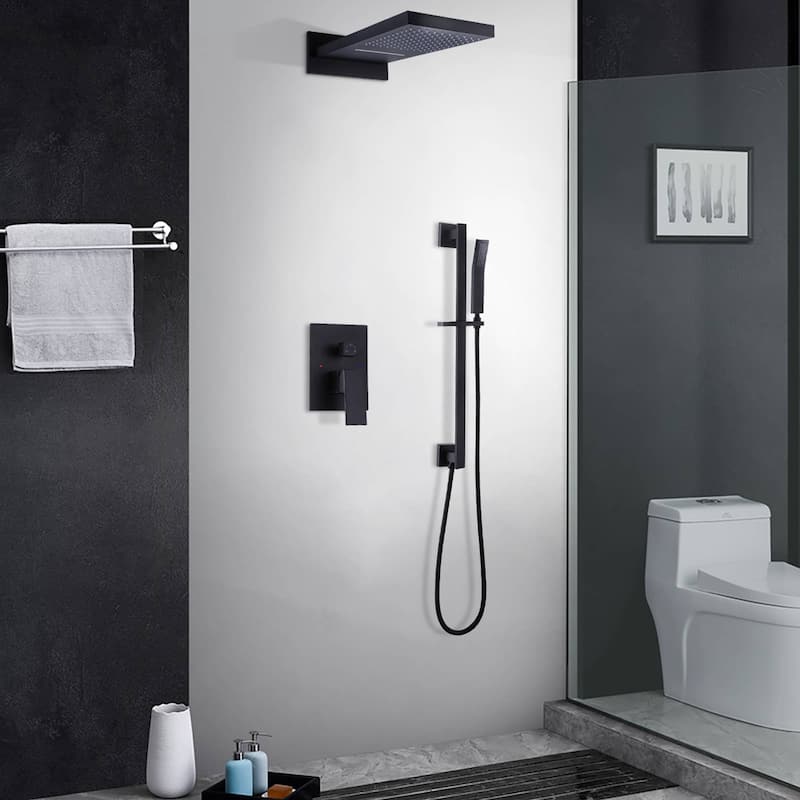 Wall Mounted Shower System With Handheld Shower 22*9 Inch Waterfall Shower Head Matte Black Shower Faucets Kit With Slide Bar