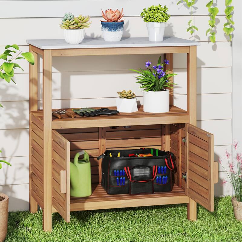 Gymax Outdoor Potting Bench w/ Resin Tabletop Storage Shelf & Cabinet