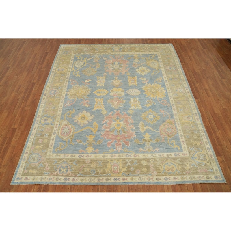 Vegetable Dye Blue Oushak Turkish Area Rug, Floral Geometric Carpet - 10' 0'' X 8' 5''