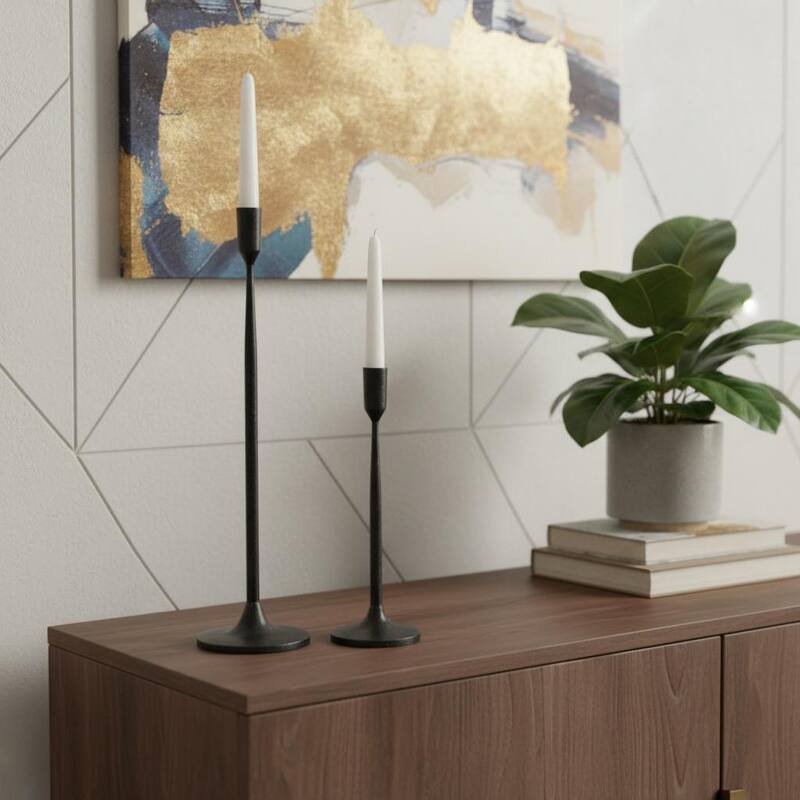 HomeRoots Set of Two Black Distressed Metal Tabletop Taper Candle Holders