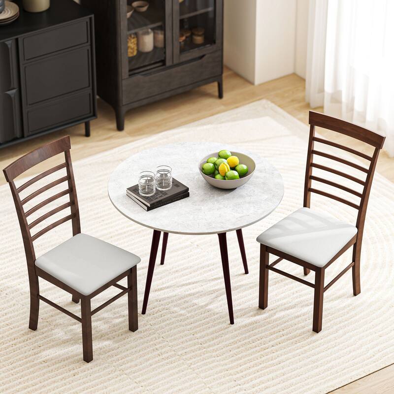 Set of 2 Dark Brown Beige Dining Chairs with Foam Cushion Seat and Rubberwood Frame - 17.1" W x 20.1" D x 37" H