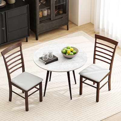 Set of 2 Dark Brown Beige Dining Chairs with Foam Cushion Seat and Rubberwood Frame - 17.1" W x 20.1" D x 37" H