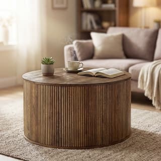 31.5" Round Solid Wood Coffee Table, Rustic Modern Center Table