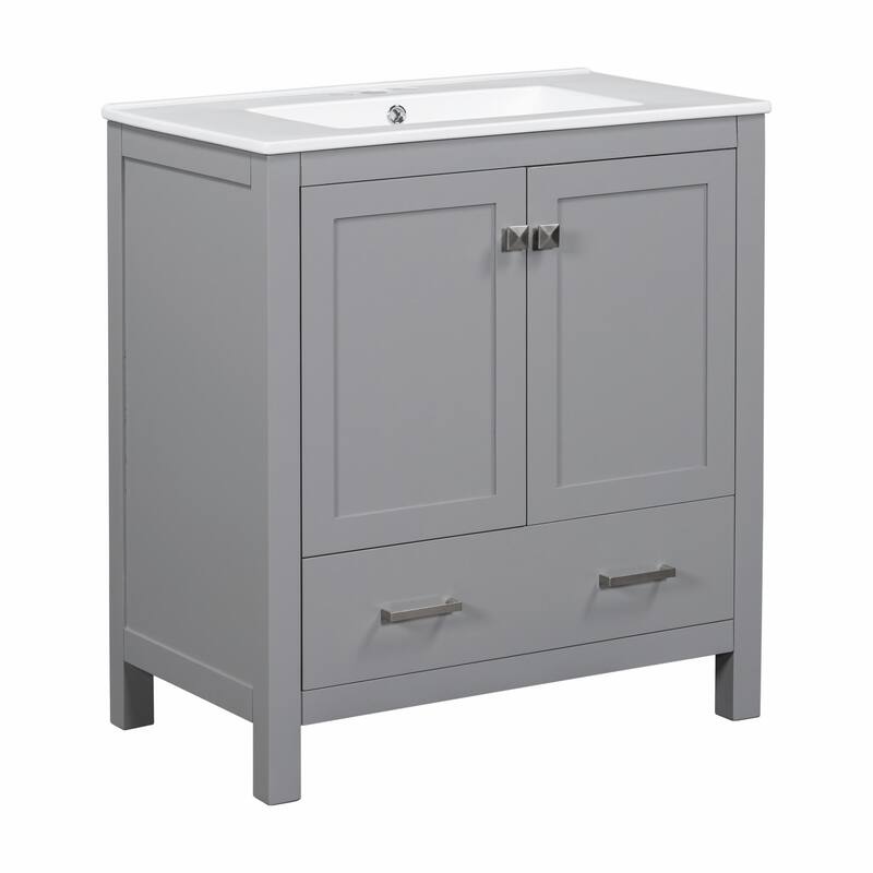 36"/30" Bathroom Vanity with Ceramic Sink, Soft-Close Doors, Double Storage Shelves & Divided Drawer
