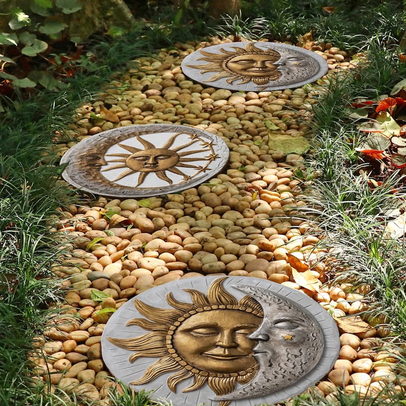 Glitzhome 2-Piece Sun & Moon Cement Stepping Stones Garden Decor - 10 in