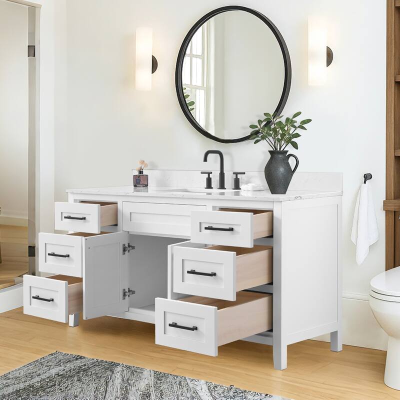 60" inch Freestanding Bathroom Vanity with Classical White Quartz Counter Top Ceramic Rectangular Sink