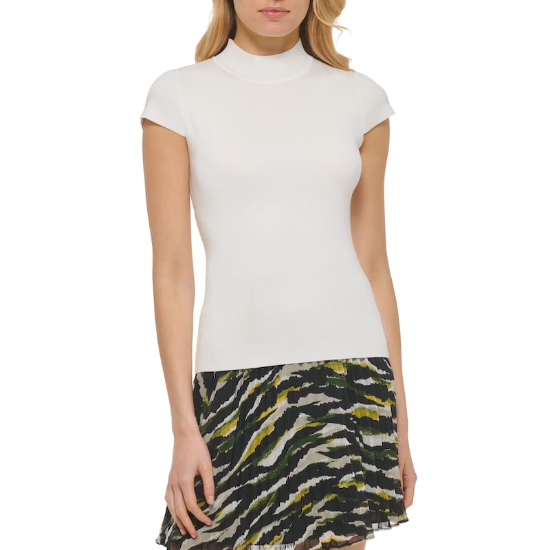 DKNY Cap Sleeve Mock Neck Knit Top - M - Ivory