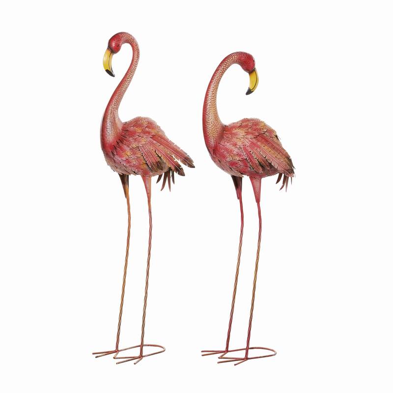 Metal Flamingo Indoor Outdoor Standing Decorative Garden Sculpture with Yellow Accents - Set of 2 Pink - Roche River Decor