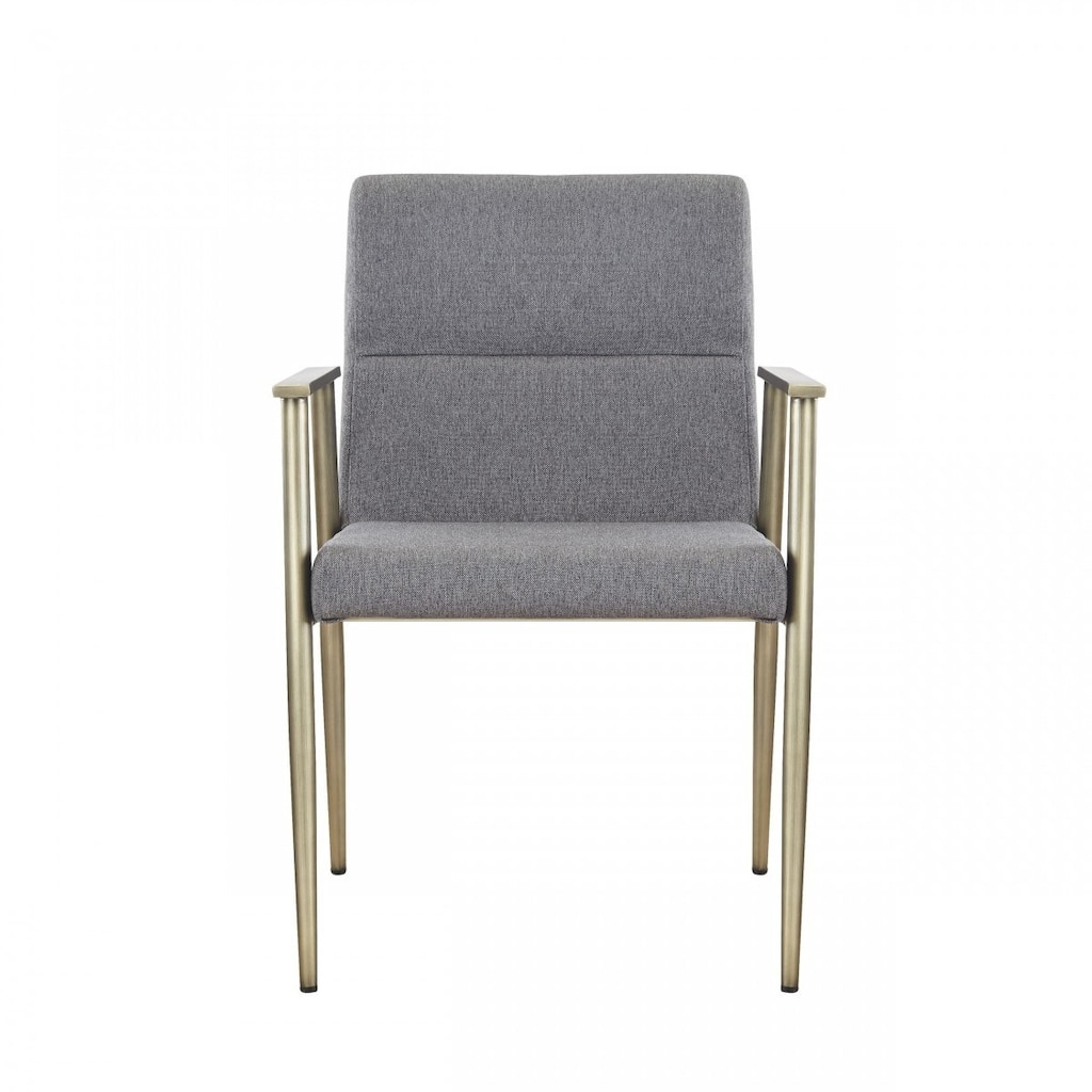 Gray Fabric Metal Arm Dining Chair with Antiqued Brass Legs and Foam Seat - 24” x 22” x 32” (D x W x H)