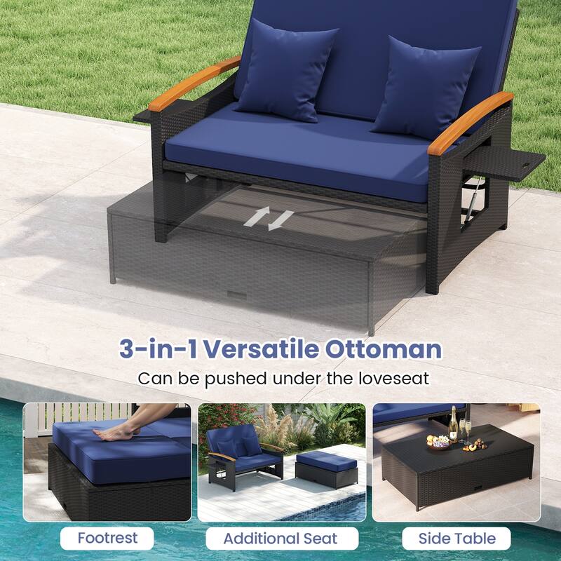 Gymax Patio Rattan Daybed Set w/Cushioned Loveseat & Storage Ottoman