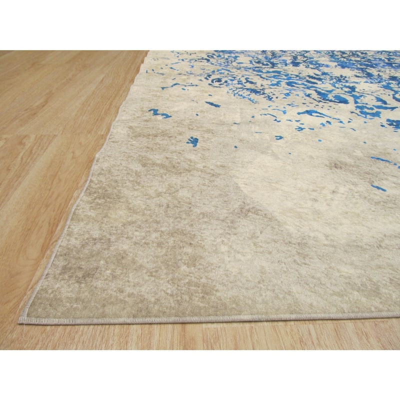 Blue Machine-Made Polyester Traditional Distressed Medallion Rug, 5'11 x 8'10 - Durable rug with intricate medallion pattern.