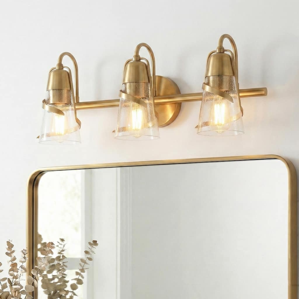 24" Modern Gold Seeded Glass 3 Light Dimmable Bathroom Vanity Lights Wall Sconce